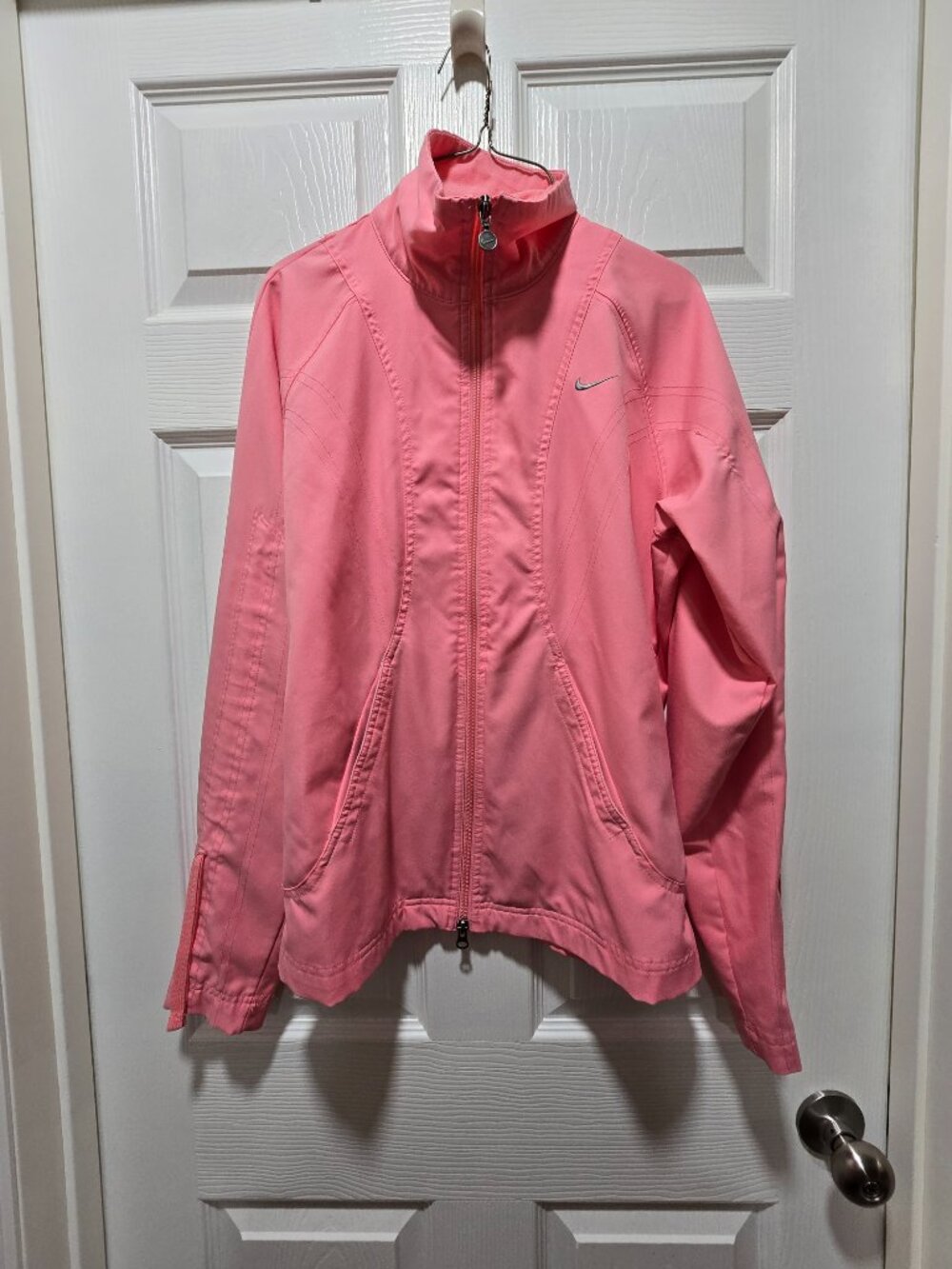 Nike Womens Large Zip Jacket Pockets Adj Sleeves Pink Workout Athletic Hiking